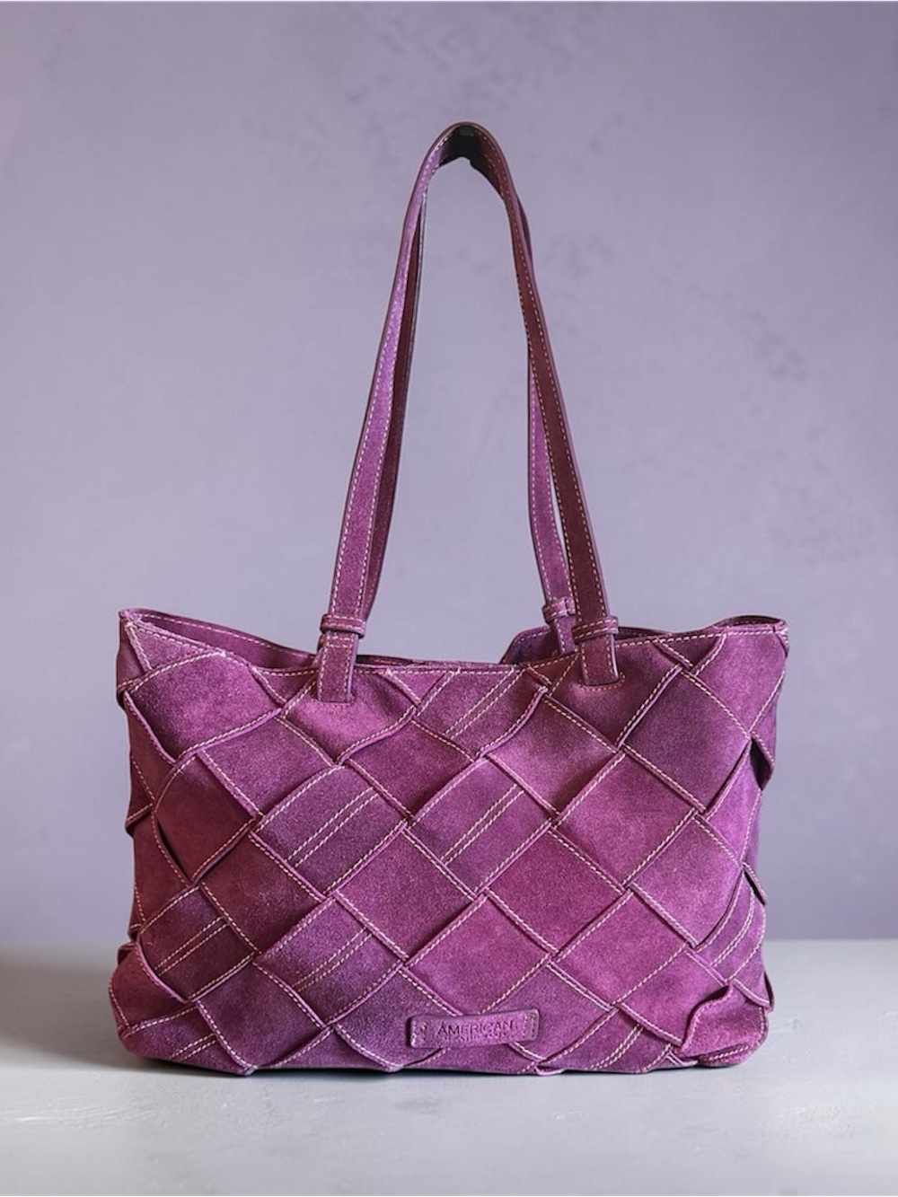 Woven Patchwork Suede Tote in Plum